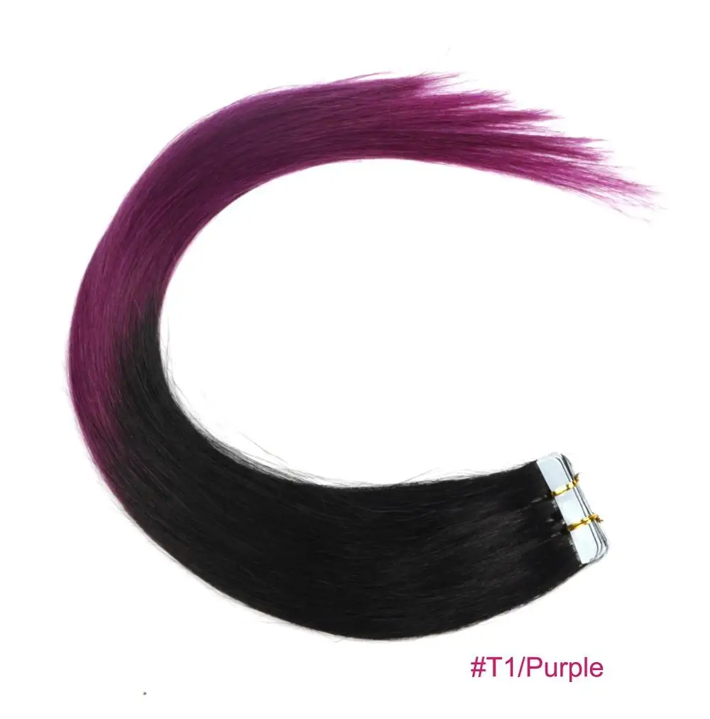 ZZHAIR, а так же 30 г-70g 1" 16" 1" 20" 2" 24" фабричного производства, переходящие плавно от темного к светлому) волос Пряди человеческих волос для наращивания 20 шт./упак. пряди волос на ленте, волосы на Клейкой Ленте имитирующей кожу - Цвет: T1-PURPLE