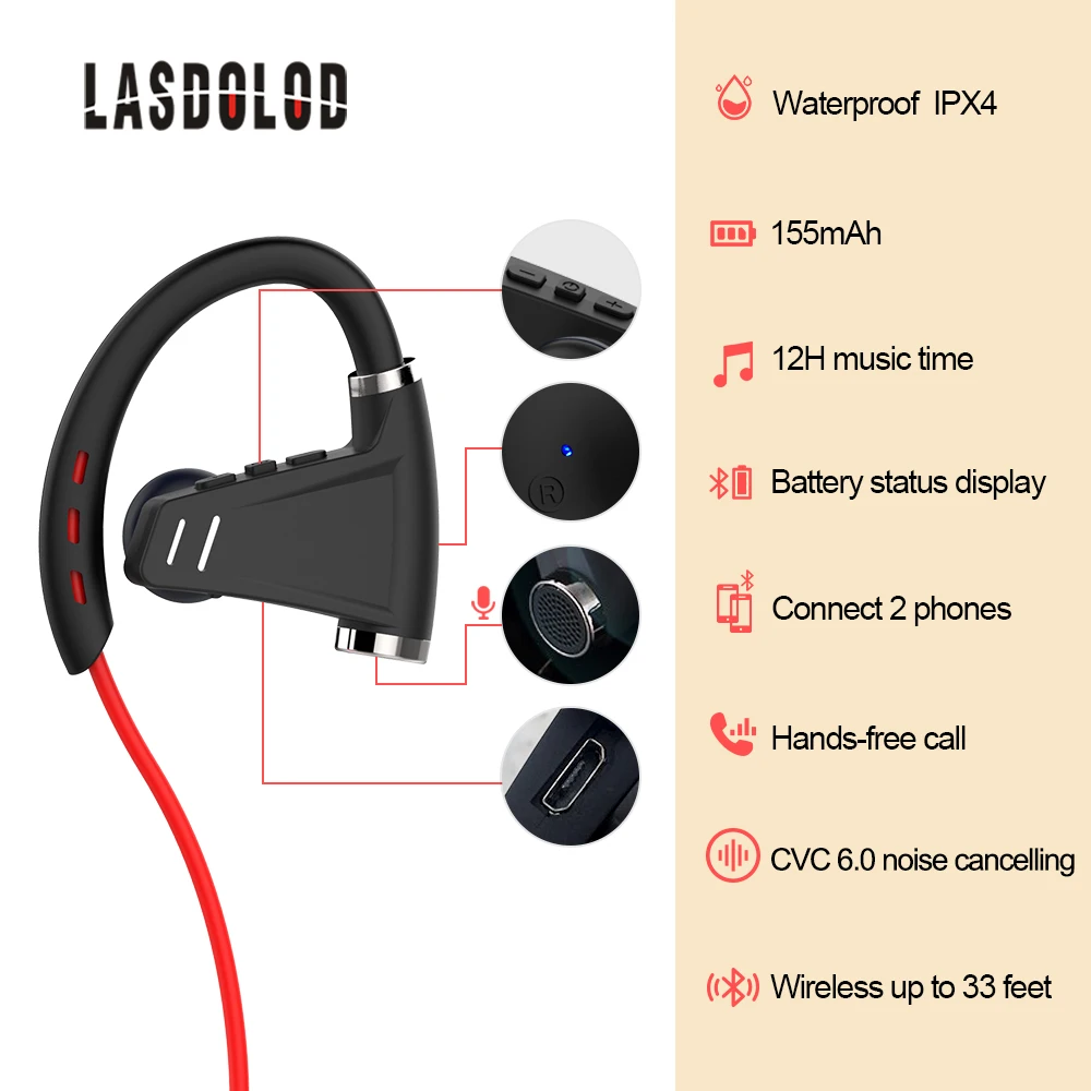 Sport bluetooth earphone wireless in-ear style waterproof headset rechargeable battery play time 12 hours | Электроника