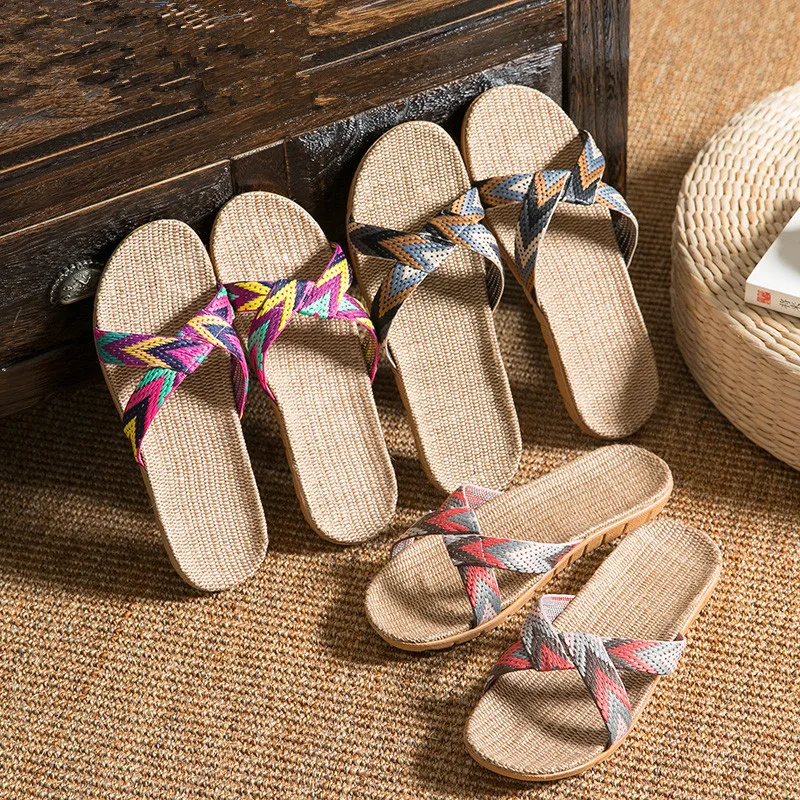 2018 модные льняные домашние тапочки с перекрестным ремешком бесшумные для лета