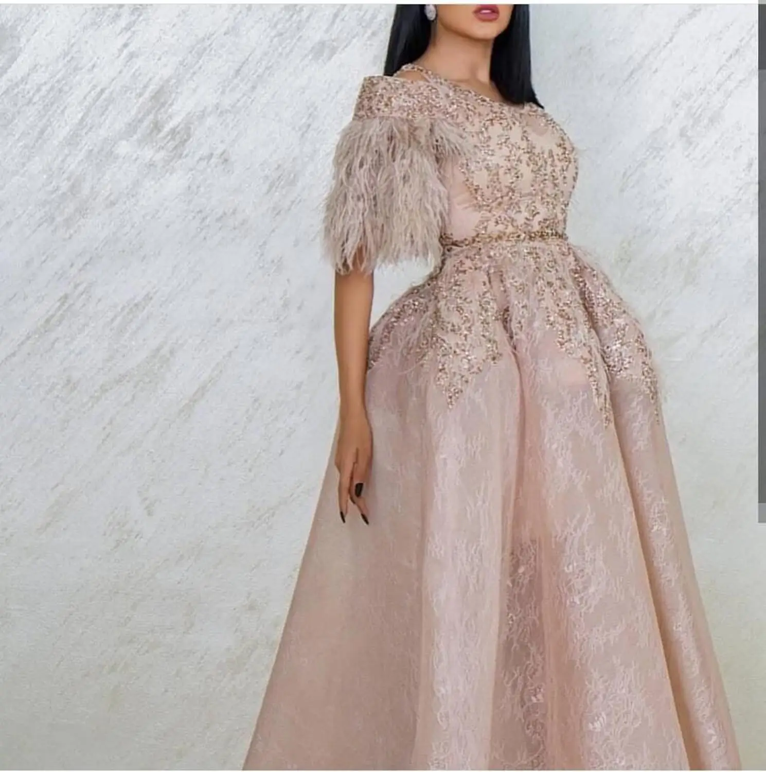 Новое поступление, Vestidos De Formature, v-образный вырез, вышитый бисером Топ, короткий рукав, перо, с кружевами длиной до лодыжки, платья для выпускного вечера