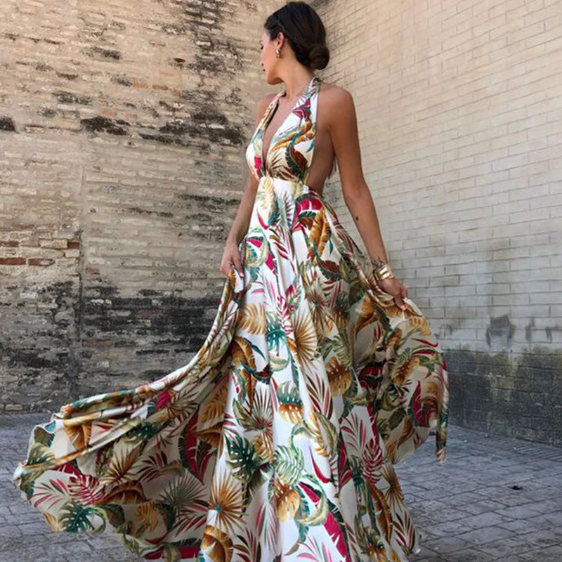 

FOLOBE 2020 Summer Bohemian Halter Backless Print Beach Dress Women Sexy Long Dresses