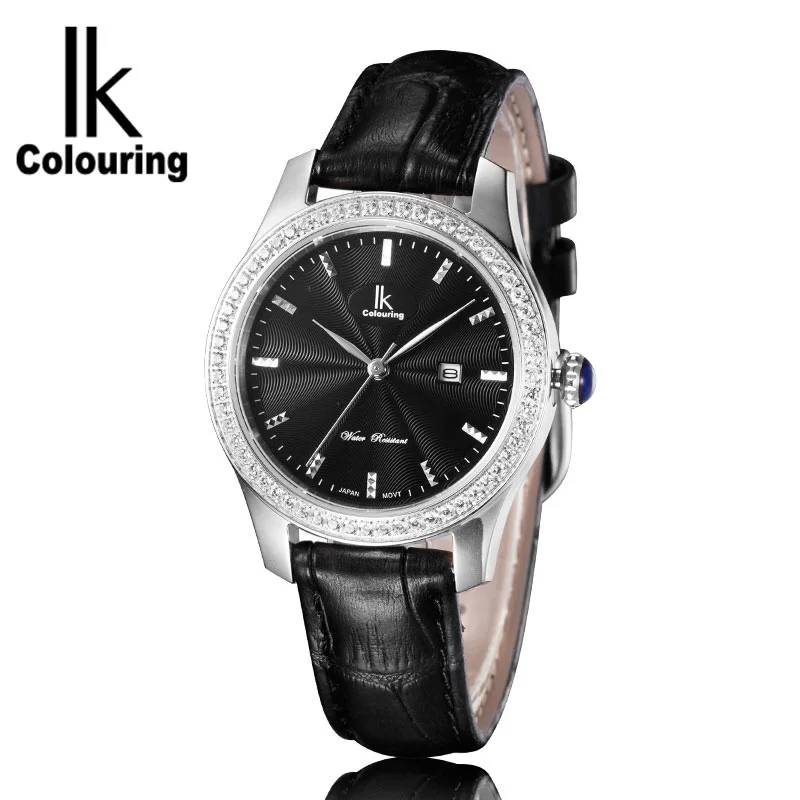 Black IK coloring модные женские часы люксовый бренд кожаный ремешок дамское платье кварцевые наручные часы с подарочной коробкой relojes mujer - Цвет: Black