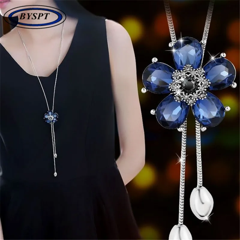 BYSPT элегантный синий кристалл цветок подвеска Винтаж Стразы кисточка Длинные
