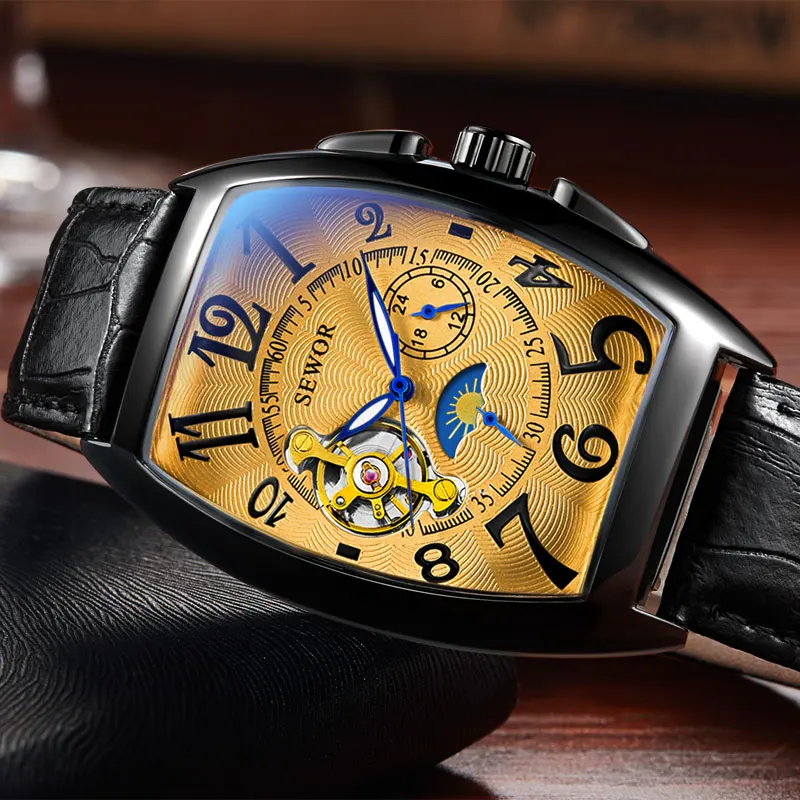 SEWOR, новинка, черные, золотые, Tonneau Tourbillon, автоматические механические часы для мужчин, ремешок из натуральной кожи, мужские часы, мужские наручные часы