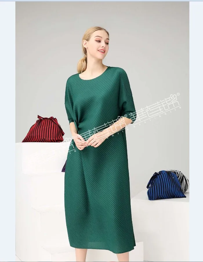 Зеленый Miyake модное платье на запястье с коротким рукавом, с блестками, с круглым вырезом, со складками, на пуговицах, прямое платье - Цвет: Зеленый