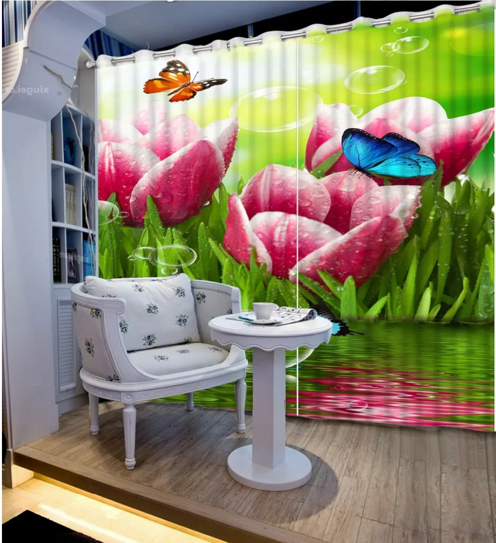 3d шторы на заказ с отражающими тюльпанами цветами бабочками красивые для