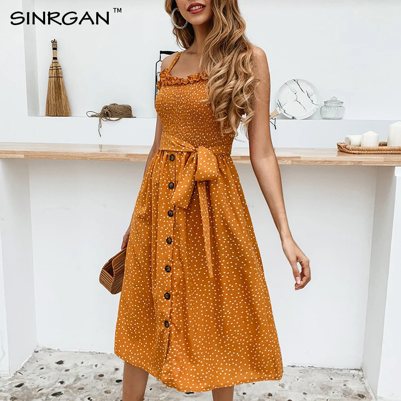 SINRGAN 2020 женское платье на бретельках в горошек Boho пляжное летнее Французский