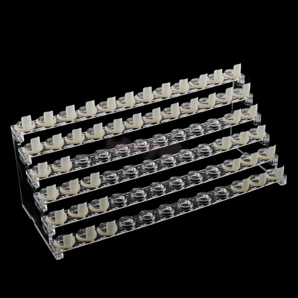 

72 Slots / 6 Tiers Professional Nail Art Clear Manicure Display Stand Plastic Rack Holder Shelf with 72 Pieces Nail Tip Rings