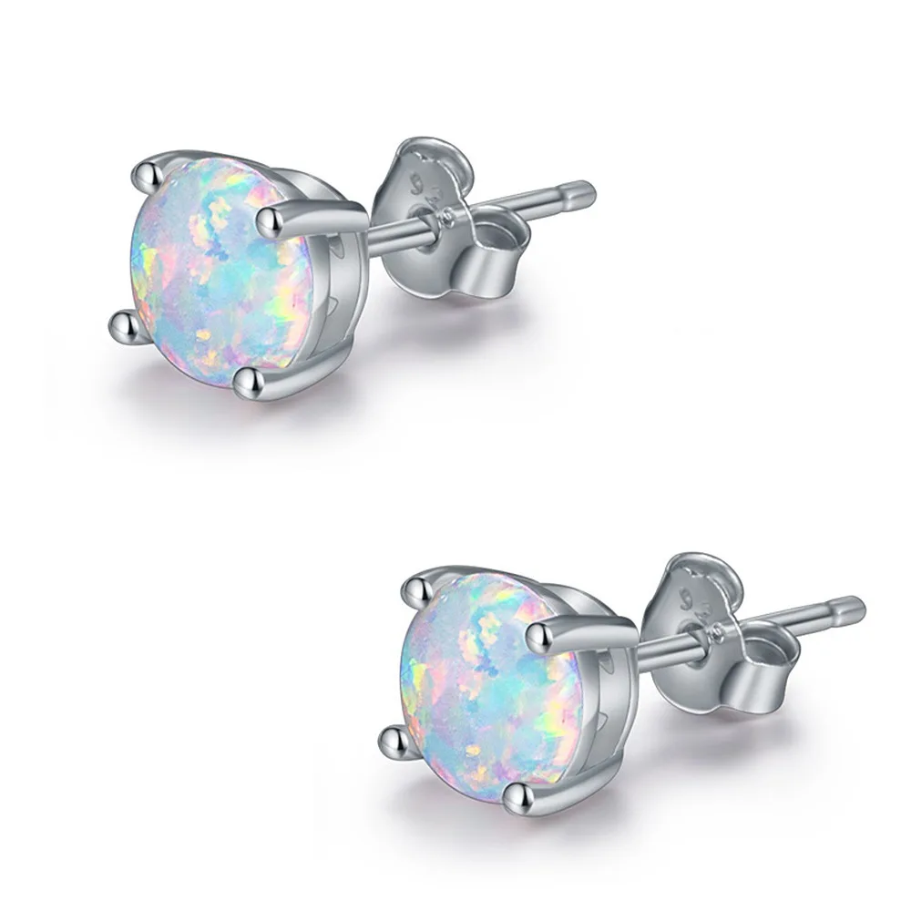6MM Round White Fire Opal Stud Earrings For Women 100% Real 925 Sterling Silver Jewelry Cute Ear Jewellry Wedding Gift | Украшения и