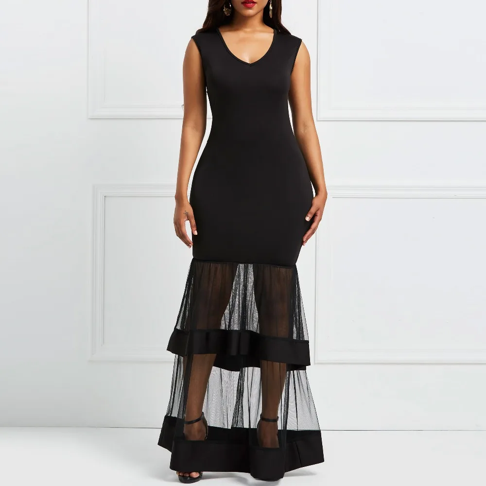 Женское сексуальное платье 2019 Лето русалка черное без бретелек рукавов Сетчатое