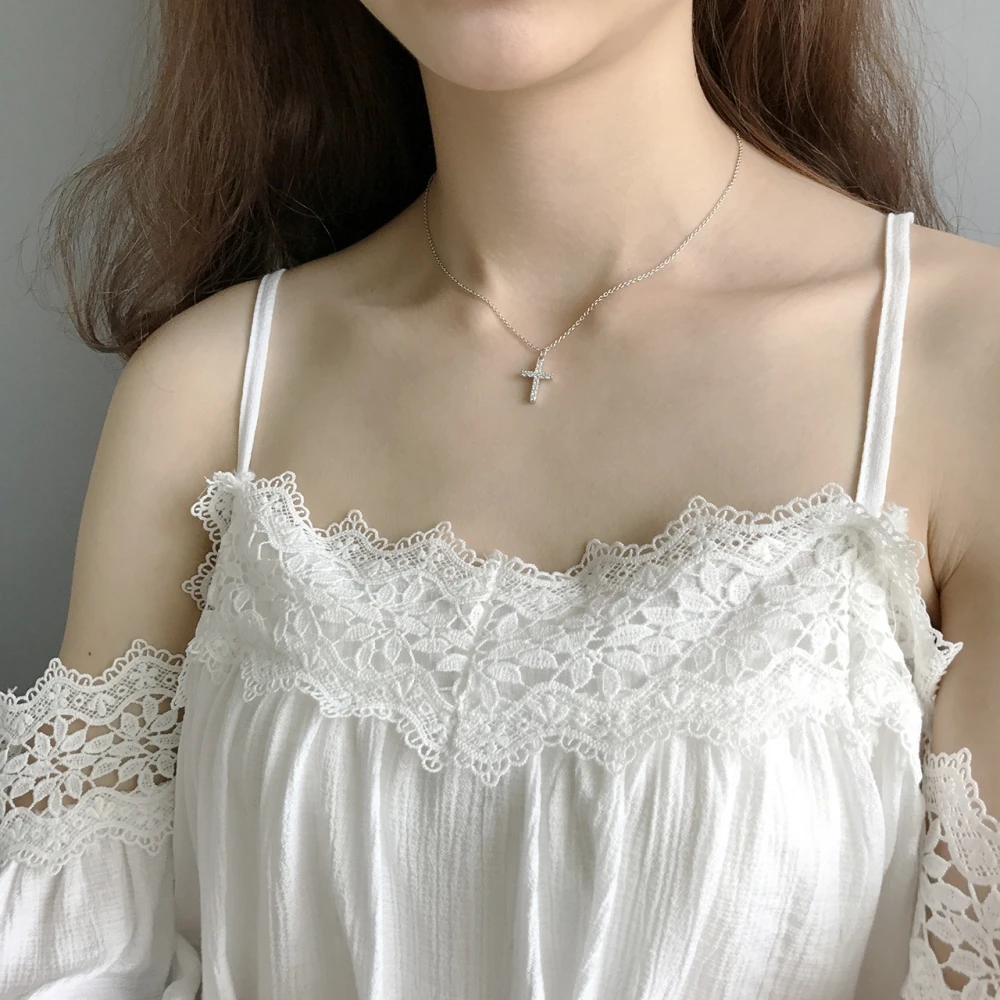 Ожерелье из стерлингового серебра 925 пробы простого дизайна с кристаллами крест