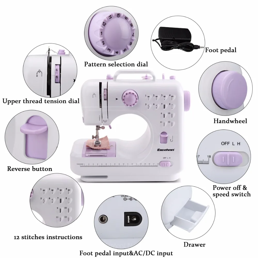 Электрическая швейная мини машинка 12 стежков двухскоростная с регулировкой