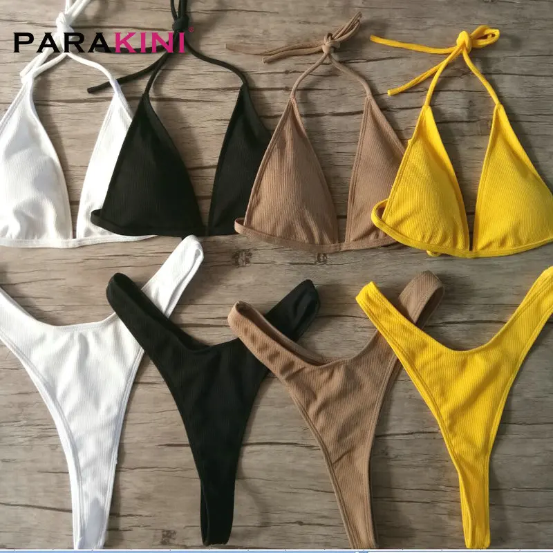 PARAKINI/бразильские костюмы для девочек, бикини, маленькая чашка+ Стильный пляжный бикини с высокой посадкой, однотонные черные/белые микро купальники, стринги, бикини