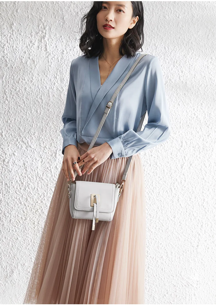 

White 100% Heavy Silk Blouses Women 22mm Smoky Blue Shirts Long Sleeve Office Ladies Tops Casual Black Pullover Korean Clothing
