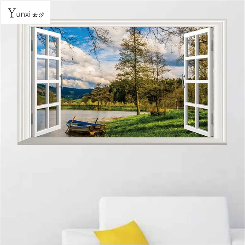 Yunxi Новый 3D Lakeside лодка поддельные окна наклейки стикеры стены PVC спальня гостиная