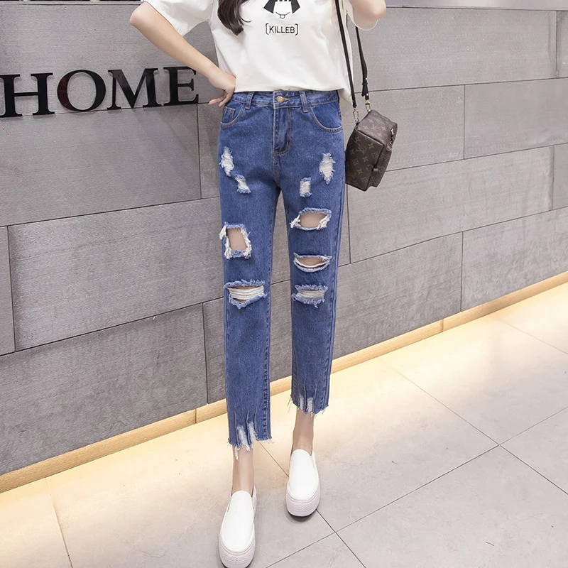 Spring Autumn Women Casual Slim Straight Pants Jeans Female Fashion Loose Hole Ripped Denim Trousers Long Streetwear Bottom | Женская