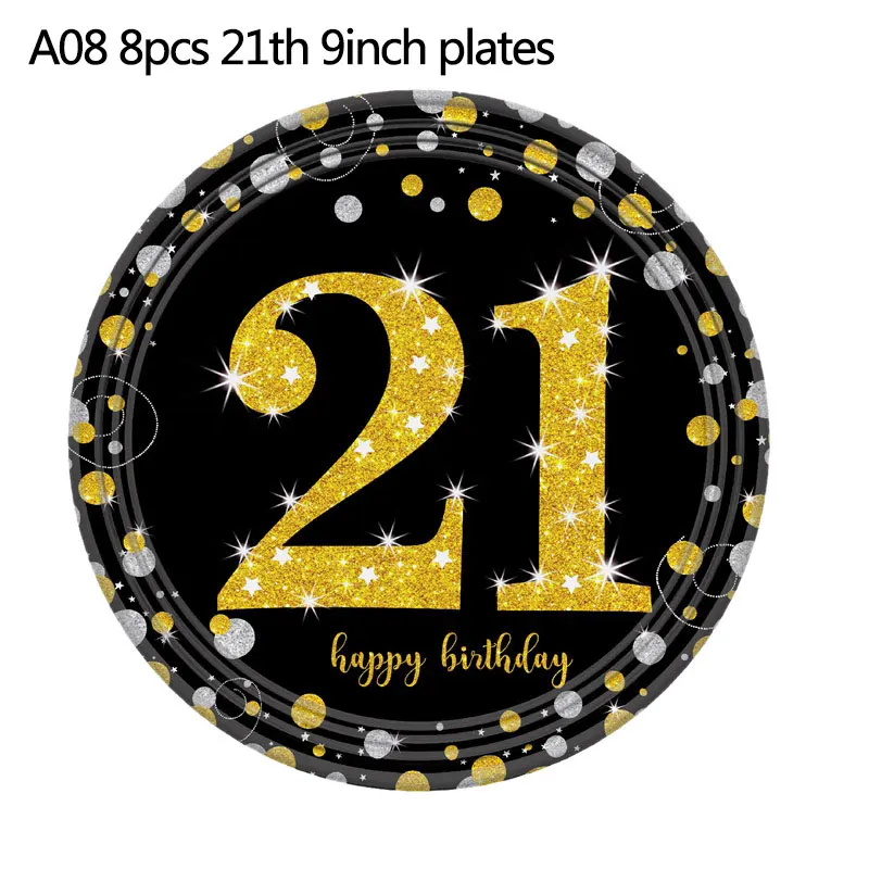 A08 9inch plates 18/21/31/40/50th черный золотой счастливый посуда для вечеринки в честь Дня Рождения наборы скатерть чашки тарелки салфетки Свадебные принадлежности для юбилейной вечеринки - Цвет: A08 9inch plates