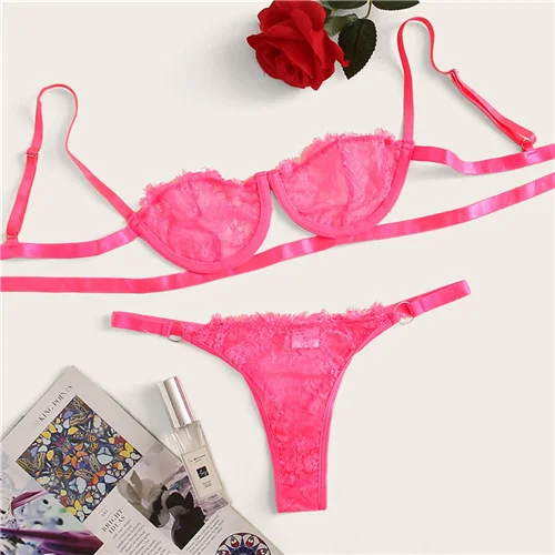 Hot Pink COLROVIE, неоновый розовый цветочный кружевной комплект нижнего белья на косточках, женское нижнее белье,, бюстгальтер для отдыха и стринги, Женский комплект нижнего белья - Цвет: Hot Pink