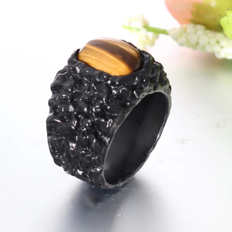 New black anti-black rock shape ring men's domineering personality fashion high quality jewelry crystal tiger eye stone wedding |