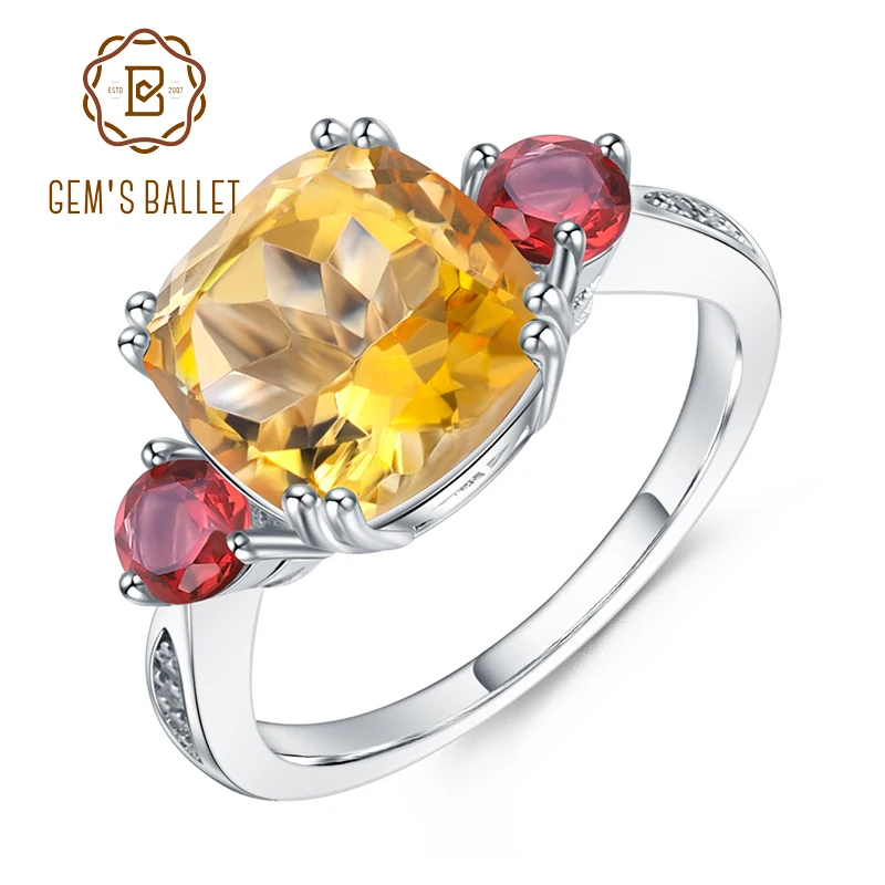 

GEM'S BALLET Pure 925 Sterling Silver Geometric Wedding Rings 4.83Ct Natural Cute Citrine Garnet Gemstone Ring for Women Jewelry