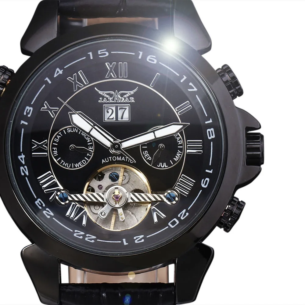 

Top Luxury Brand JARAGAR Mechanical Watch Men Calendar Month Week Dial Leather Band Luxury Tourbillon Automatic Wristwatches