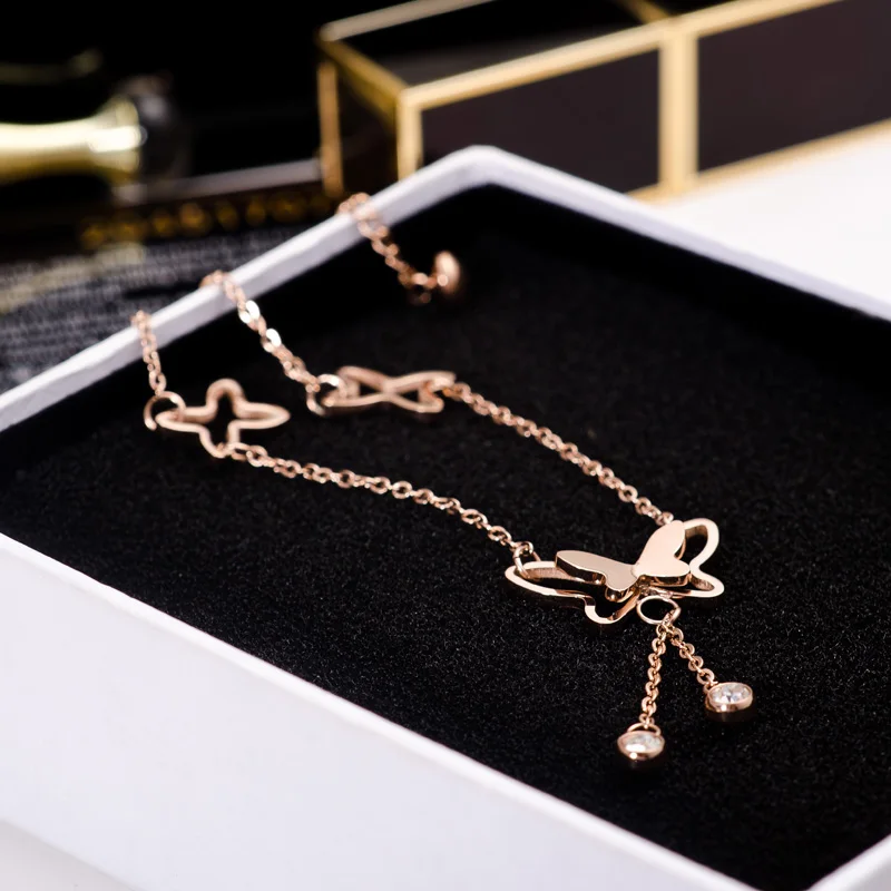 YUN RUO модный бренд браслет розового золота на лодыжку циркониевые бабочки