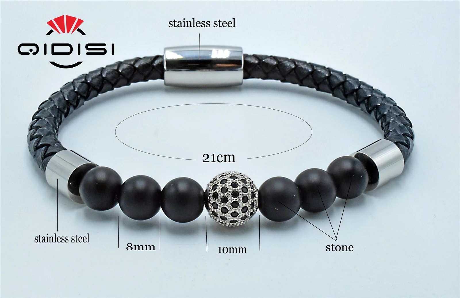 Men Women 8mm Energy Stone Beads Yoga Bracelet Stainless Steel Leather CZ Cubic Zirconia | Украшения и аксессуары