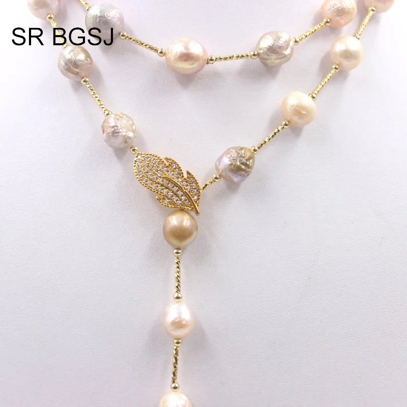 Free Shipping Women Jewelry Freeform Lavender Edsion FW Pearl Beads Brass Drop Leaf Rope Sweater Necklace 9-10mm 36&quot |
