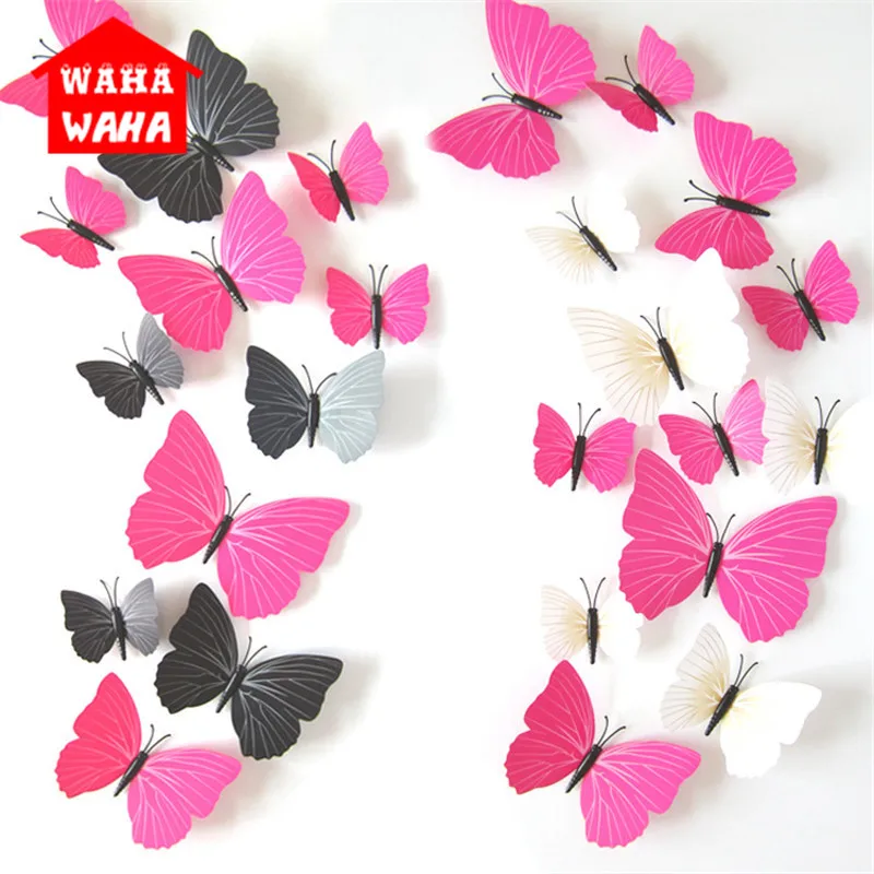 

Wall Stickers 12pcs solid Decal Wall Stickers Home Decorations 3D Butterfly Rainbow PVC Wallpaper for Christmas Wedding Decor