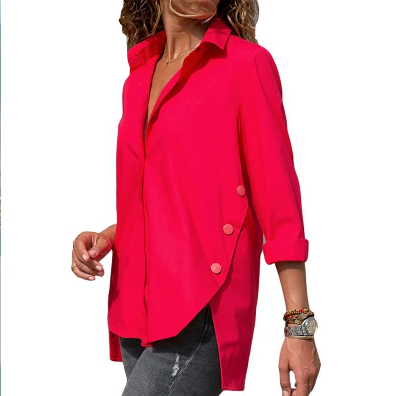 Spring Plus Size Women Sexy V Neck Chiffon Blouse Long Sleeve Irregular Shirts Turn-Down Collar Ladies Tops |