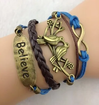 3pcs Bracelet--Infinity Bird &amp Believe Bracelet--Antique Bronze Bracelet--Wax Cords and Imitation Leather Bracelet--904 | Украшения и