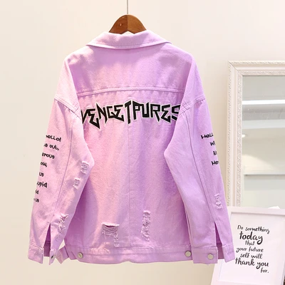 purple Весенне-осенняя джинсовая куртка для женщин, свободная джинсовая куртка с вышитыми буквами, женское базовое пальто большого размера, повседневные женские пальто, розовая верхняя одежда - Цвет: purple