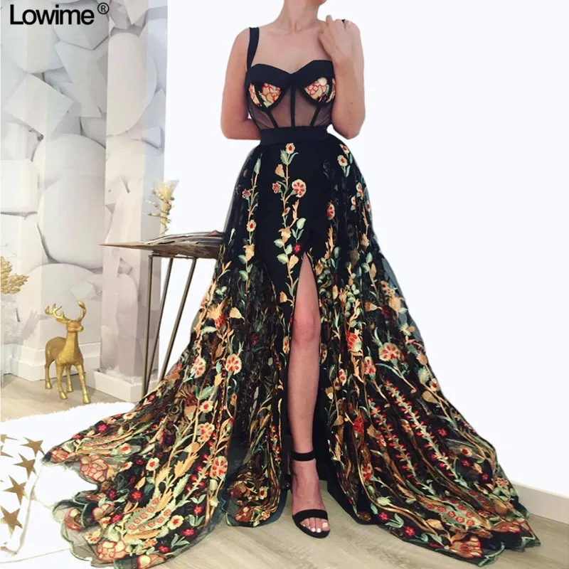 

2019 Newest Flower Pattern Evening Dresses A-Line Illusion High Split Spaghetti Sexy Evening Gowns Summer Beach Robe De Soiree