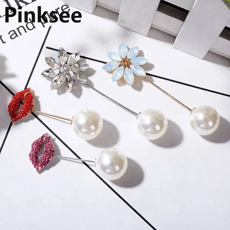 

Red Lips Flower Brooch Imitation Pearl Lapel Pins for Women Corsage Retro Long Brooch pin For Scarf Badges Accessories