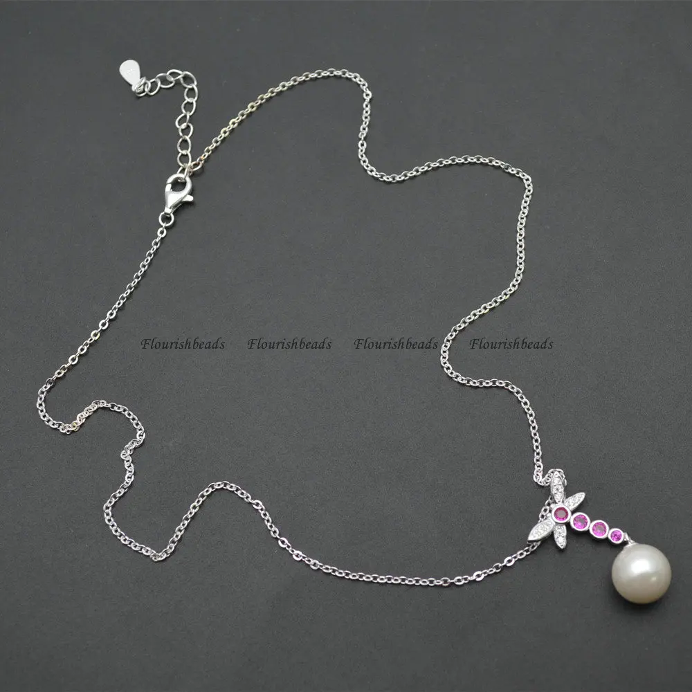 

Paved CZ 925 Silver Dragonfly Shell Ball Pendant Chains Necklace Fashion Woman Jewelry