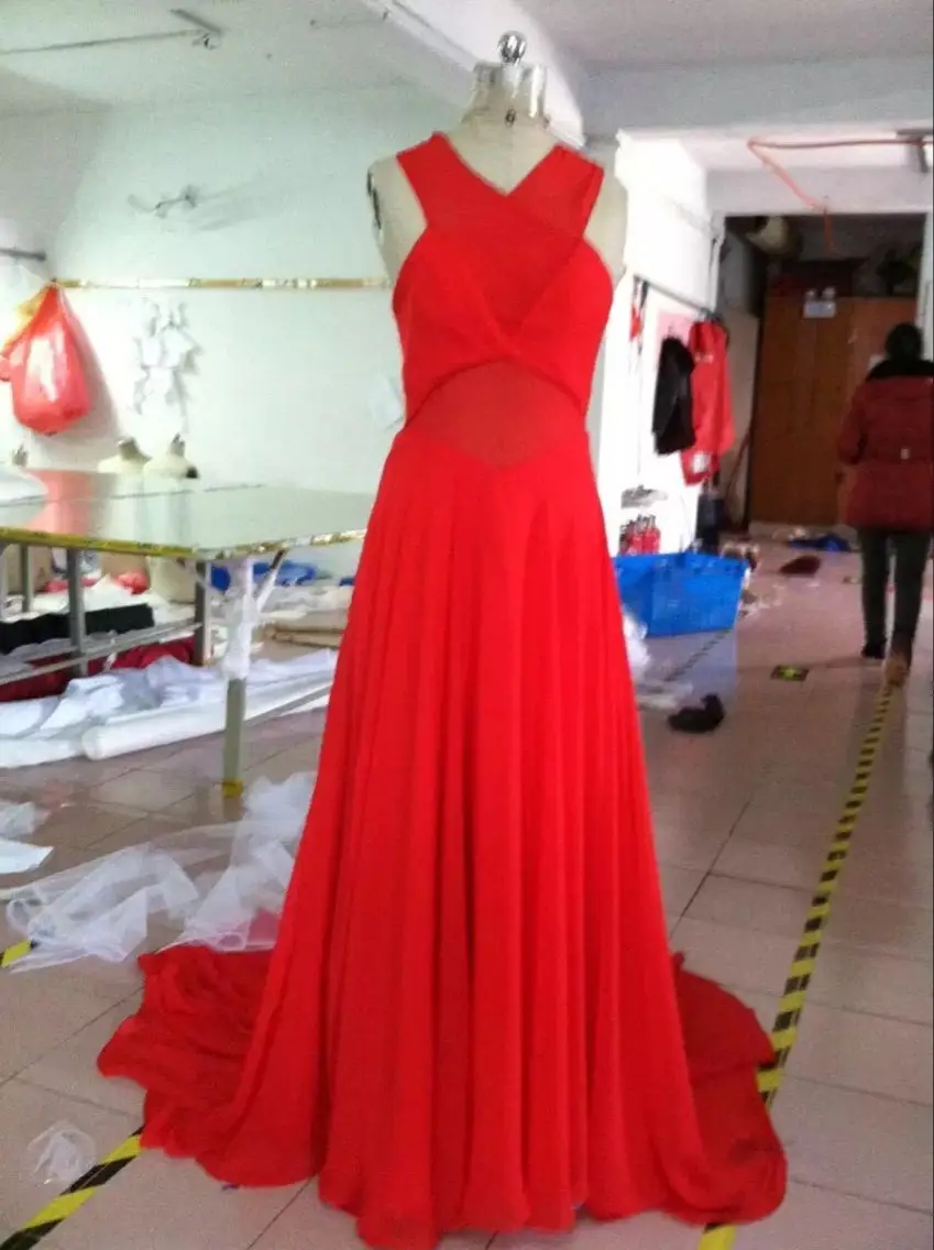 

V Neck Cross strap of the back Chiffon waist belt Bows Floor length Bridesmaid Dresses Red dress