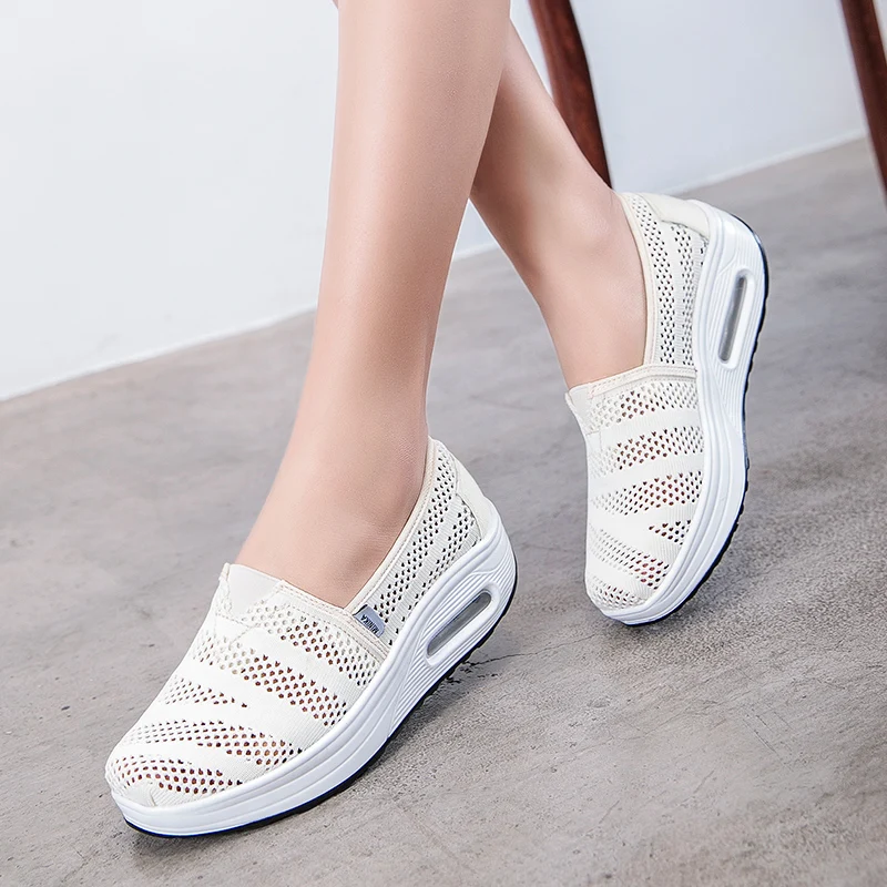 

Spring Summer Women's Mesh Toning Wedges Platform Shoes Slip On Breathable Height Increasing Walking Traveling Shoes
