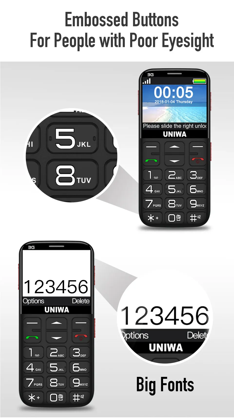 UNIWA V808G, мобильный телефон для пожилых людей, 3G, кнопка SOS, 1400 мА/ч, 2,31 дюйма, изогнутый экран, фонарик, фонарь, сотовый телефон для пожилых людей
