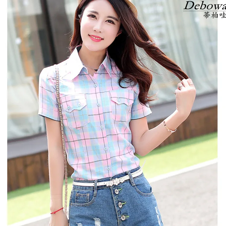 3XL плюс Размеры плед хлопковая блуза Для женщин Топы корректирующие 2016 Новинка