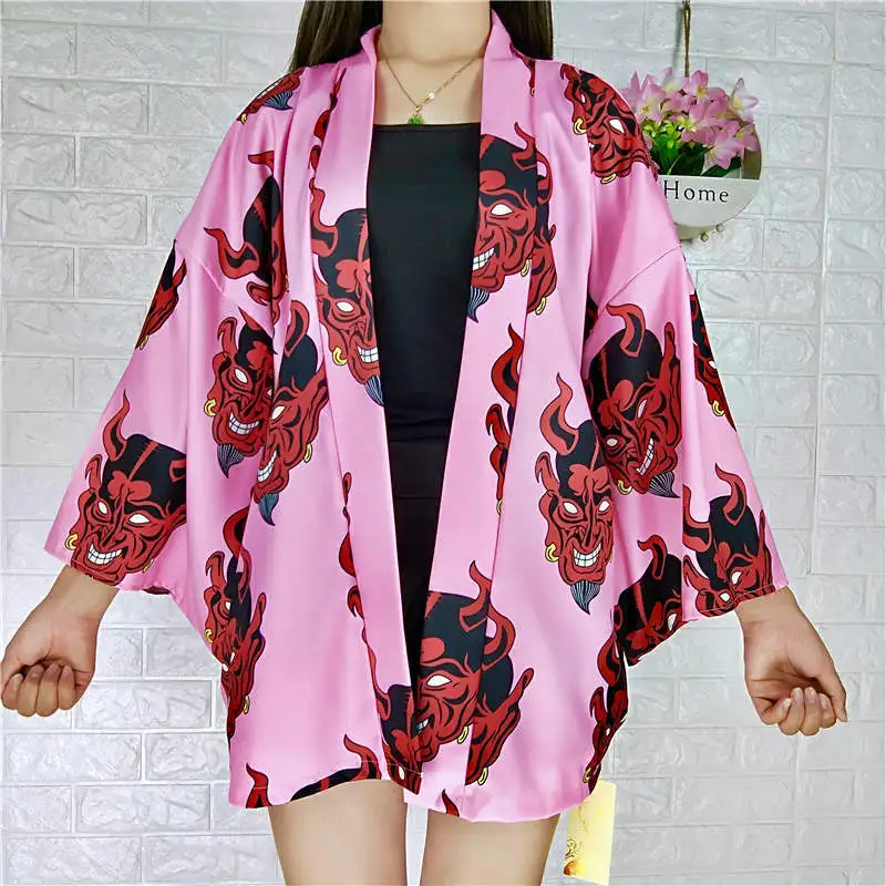

Harajuku Shirts Women Devil Printed Summer Japanese Kimono Cardigan Loose Blouse Outwear Femme