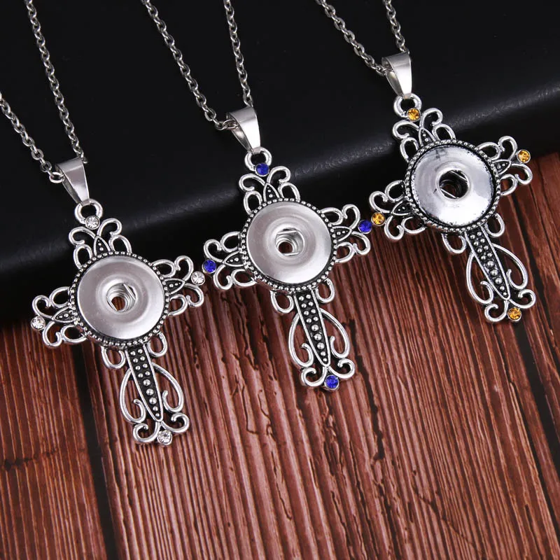 Vintage Snaps Jewelry Crystal Cross Snap Necklace Jesus Necklaces with long Chain pendant necklace fit 18mm snap 3066|Ожерелья с