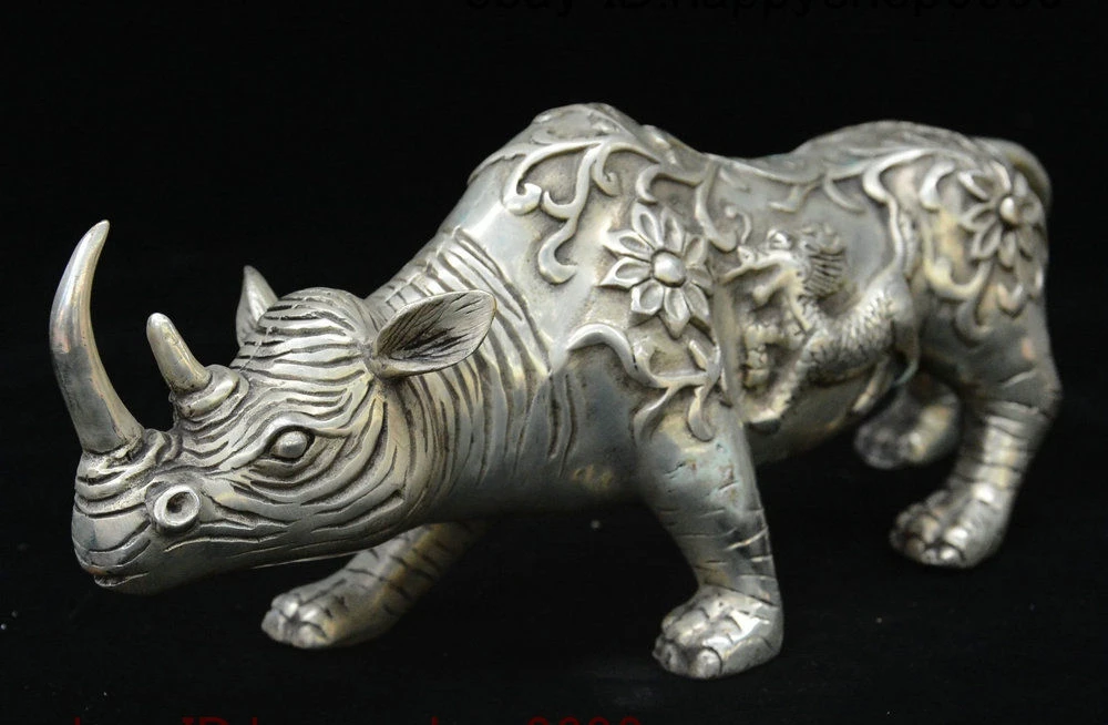 Китай серебряный фэн шуй Kylin Чи Лин Qilin Totems Rhinoceros Xi Ox Статуя богатства|Статуи и