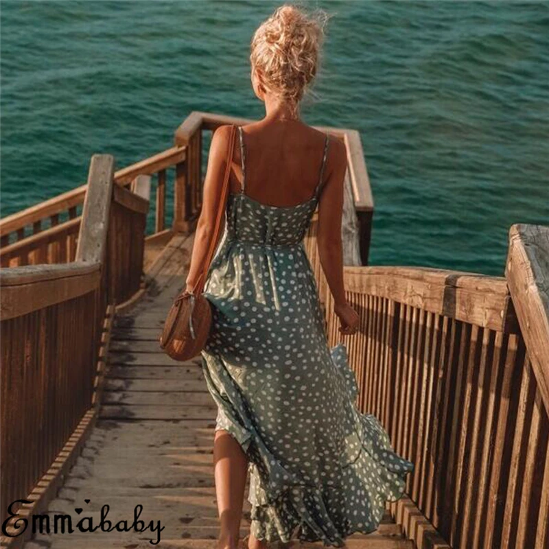 Женское летнее платье в горошек повседневное длинное без рукавов с высокой