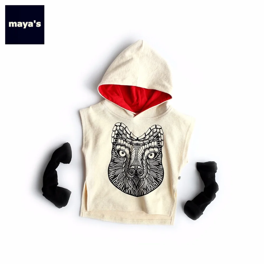 Mayas/Детские рубашки с капюшоном и принтом волка цвет бежевый Детские хлопковые