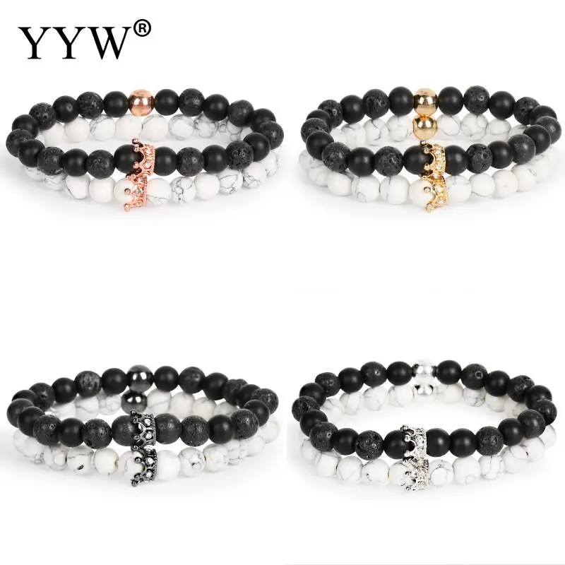 

Magnesite Bracelet Set with Lava Stone 2 pieces Unisex Bracelets with micro pave rhinestone 8mm Approx 7.5 Inch Sold By Set