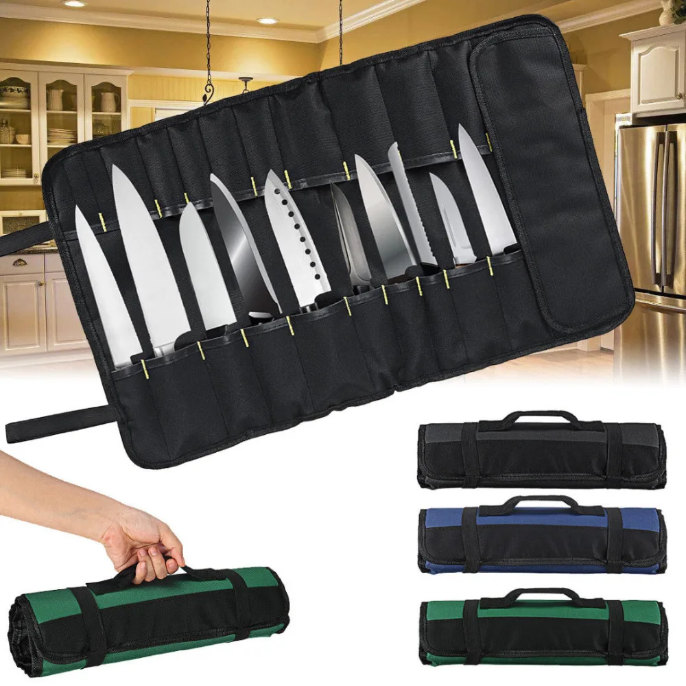 3 Color Choice Chef Knife Bag Roll Carry Case Kitchen Cooking Portable Durable Storage 22 Pockets Black Blue Green | Дом и сад
