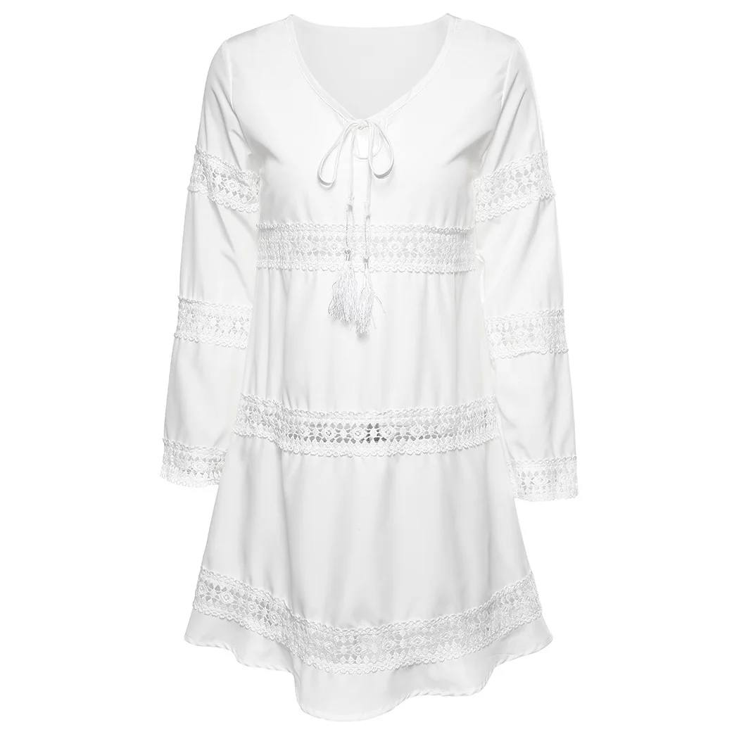 Boho Для женщин Свободные выдалбливают мини платье белое летнее милое кружевное