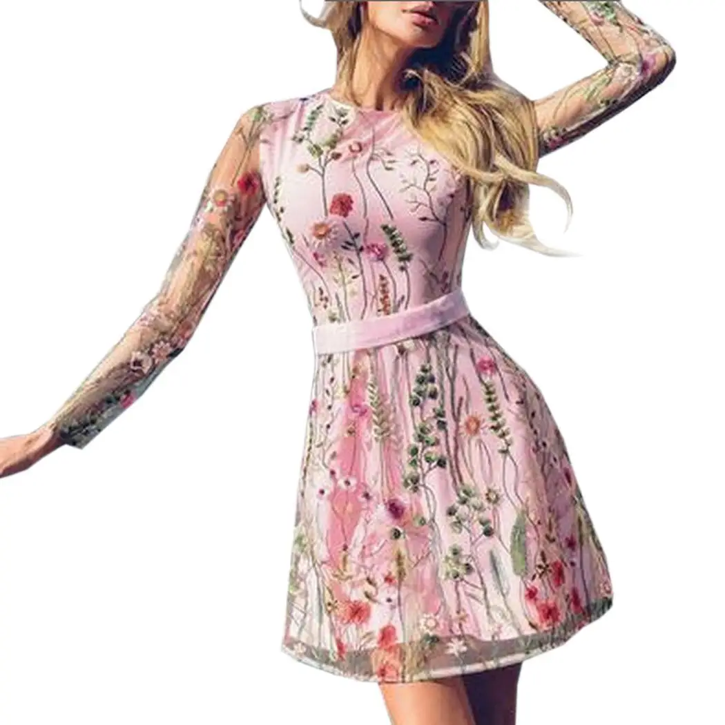 Женское повседневное Сетчатое платье с круглым вырезом и длинным рукавом