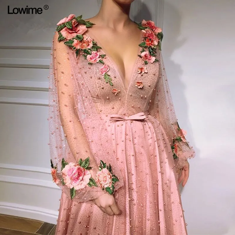 Длинные вечерние платья розового цвета с жемчугом и 3D цветами тюлевые