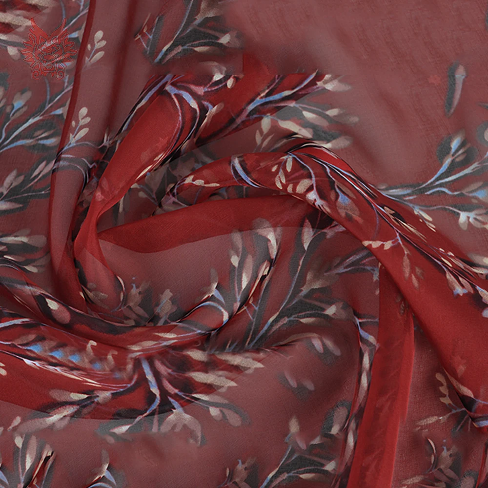 Пасторальный завод печати красный 100% натуральный шелк шифон ткань для пляжное